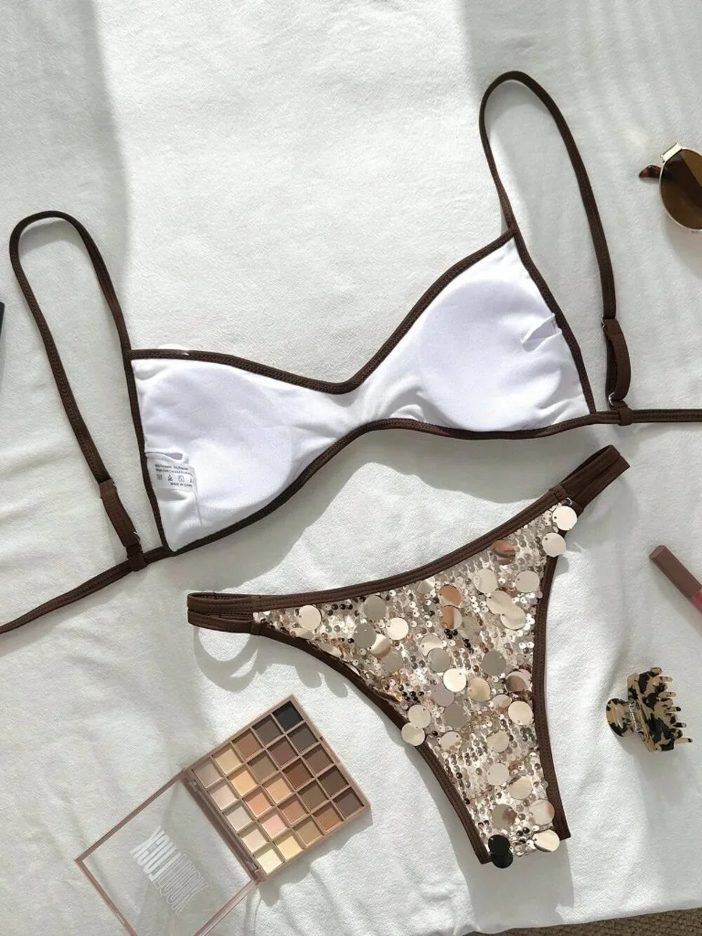 Champagne Elegant Women's Sequin Halter Bikini Top & Tie-Side Bottoms Set